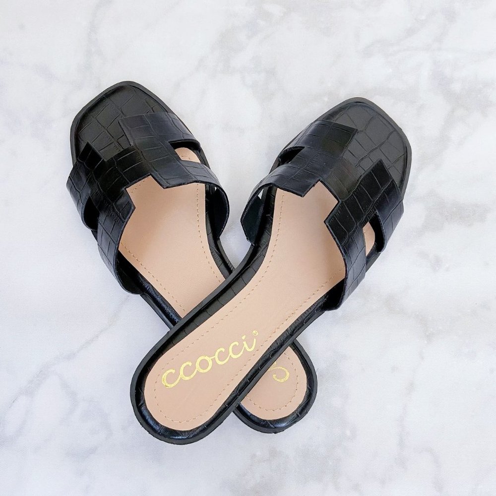 NEW Ccocci Croc Embossed Vegan Leather H Band Slide Slip On Comfy Sandals Black